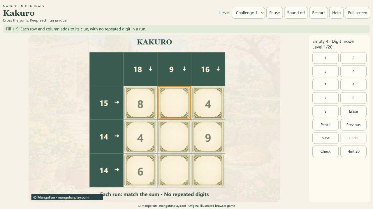 Kakuro Challenge 1: a 3×3 board with row sums 15, 14 and 14, and column sums 18, 9 and 16.